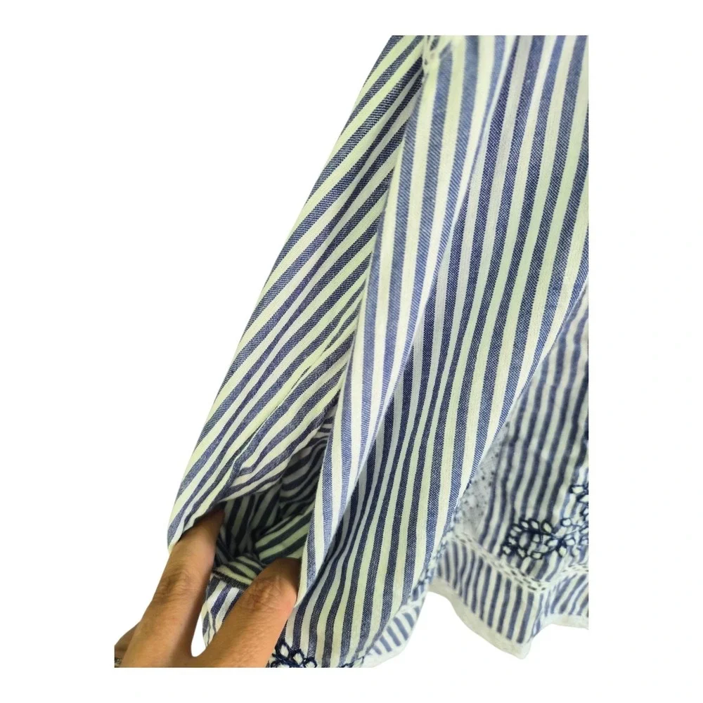 Free People Sunny Day Dress L Blue White Stripe Embroidered Cotton Boho Mini
